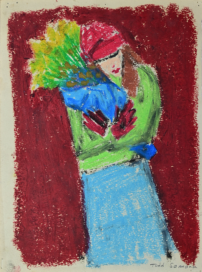 18-Woman with Flowers_oil pastel on paper_12x9